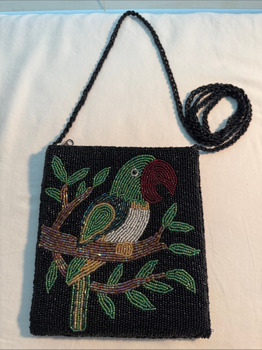 Ermo Beaded Parrot Crossbody Bag in Black and Green